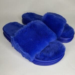 Blue Fuzzy Plush Slippers Womens Size 8 | Cozy Soft Open Toe Indoor Shoes